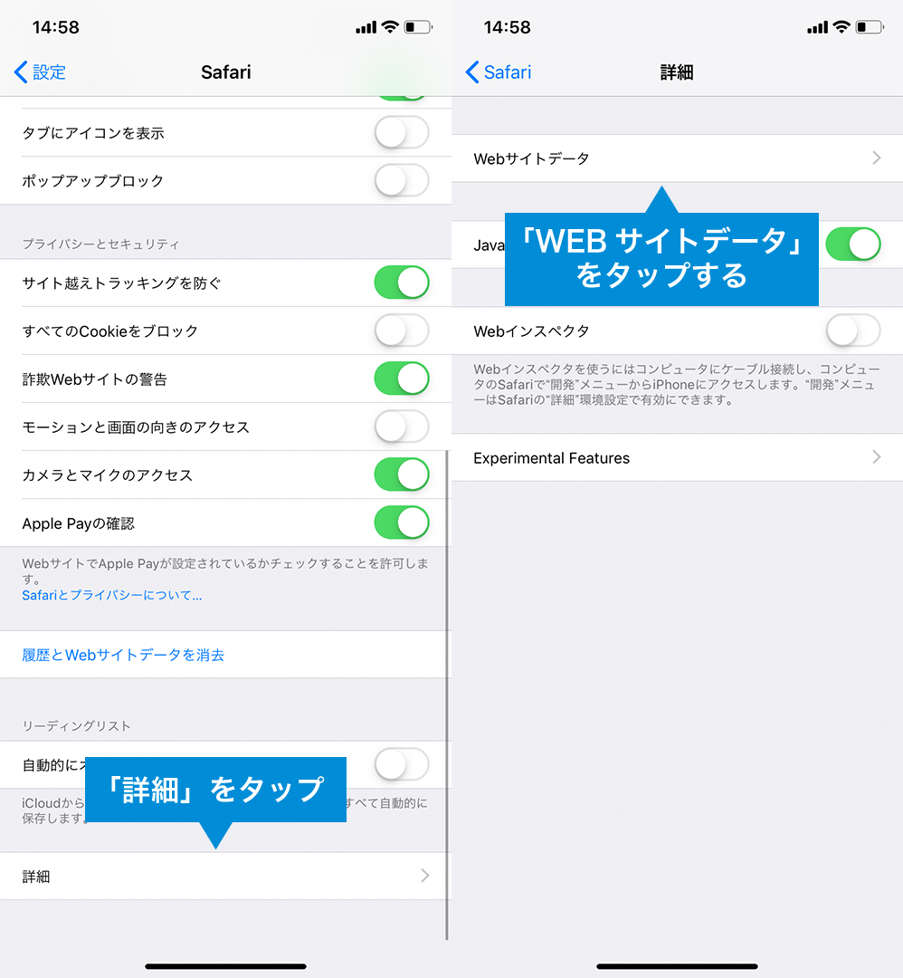 iPhoneの画面 詳細>Webサイトデータ